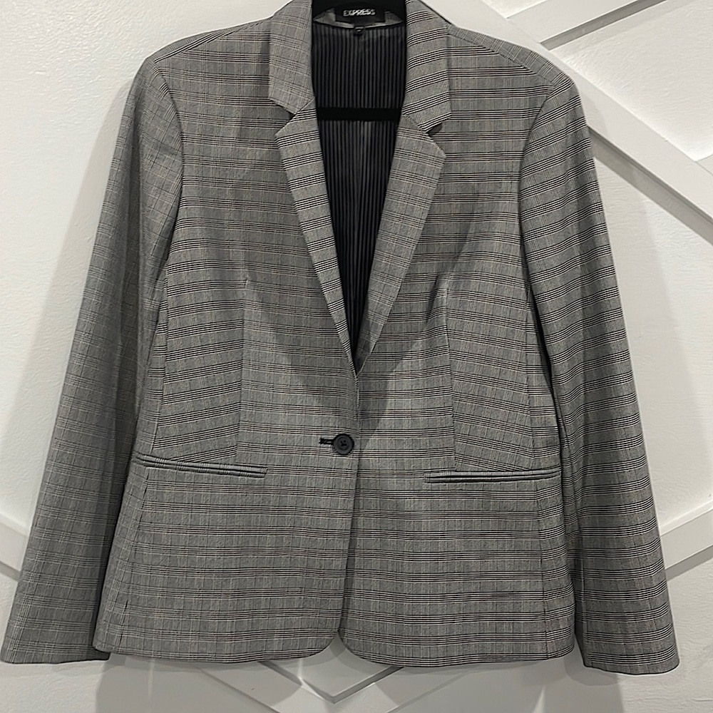 Express Stretch Plaid Gray Blazer